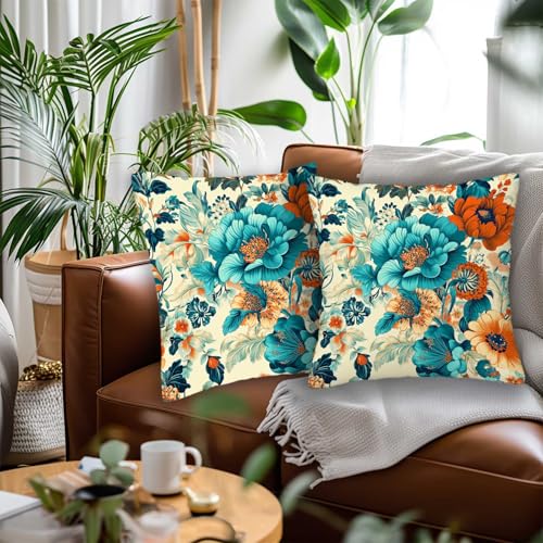 ZibZorp Teal Orange Floral Pillow Covers 18x18 Set of 2 | Vintage Botanical Decorative Cushion Cases | Colorful Flower Pillowcases | Elegant Throw Covers for Sofa Living Room Bedroom Decor - Image 2