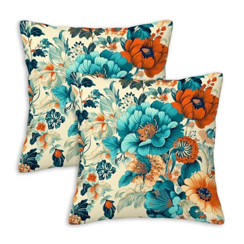 ZibZorp Teal Orange Floral Pillow Covers 18x18 Set of 2 | Vintage Botanical Decorative Cushion Cases | Colorful Flower Pillowcases | Elegant Throw Covers for Sofa Living Room Bedroom Decor - Image 1