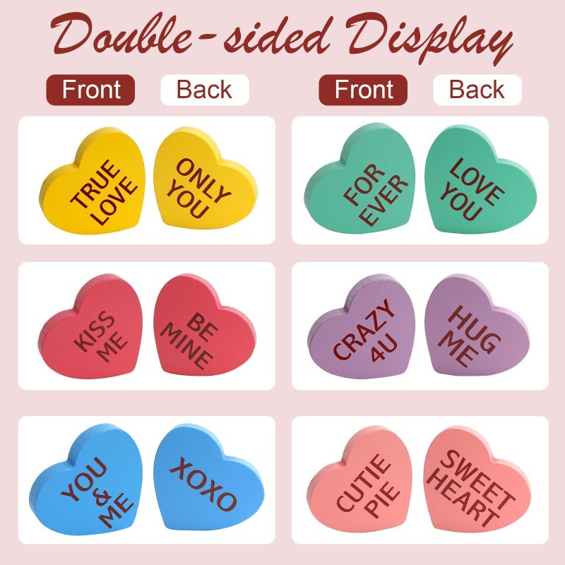 SYNCVIBE Valentines Day Decorations, 6 PCS Double-sided Wooden Valentine's Conversation Hearts for Tiered Tray Shelf Mantel Office Decor Freestanding Tabletop Wood Block Sweet Sayings for Home Decor Wedding - Image 3