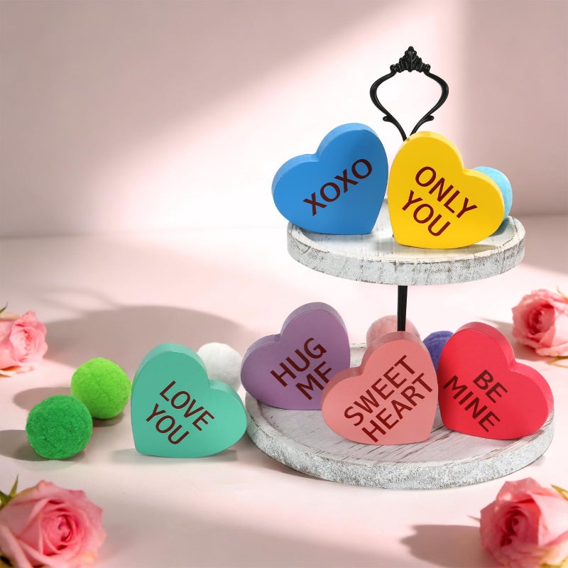 SYNCVIBE Valentines Day Decorations, 6 PCS Double-sided Wooden Valentine's Conversation Hearts for Tiered Tray Shelf Mantel Office Decor Freestanding Tabletop Wood Block Sweet Sayings for Home Decor Wedding - Image 4