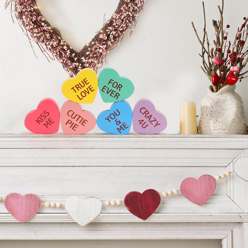 SYNCVIBE Valentines Day Decorations, 6 PCS Double-sided Wooden Valentine's Conversation Hearts for Tiered Tray Shelf Mantel Office Decor Freestanding Tabletop Wood Block Sweet Sayings for Home Decor Wedding - Image 5