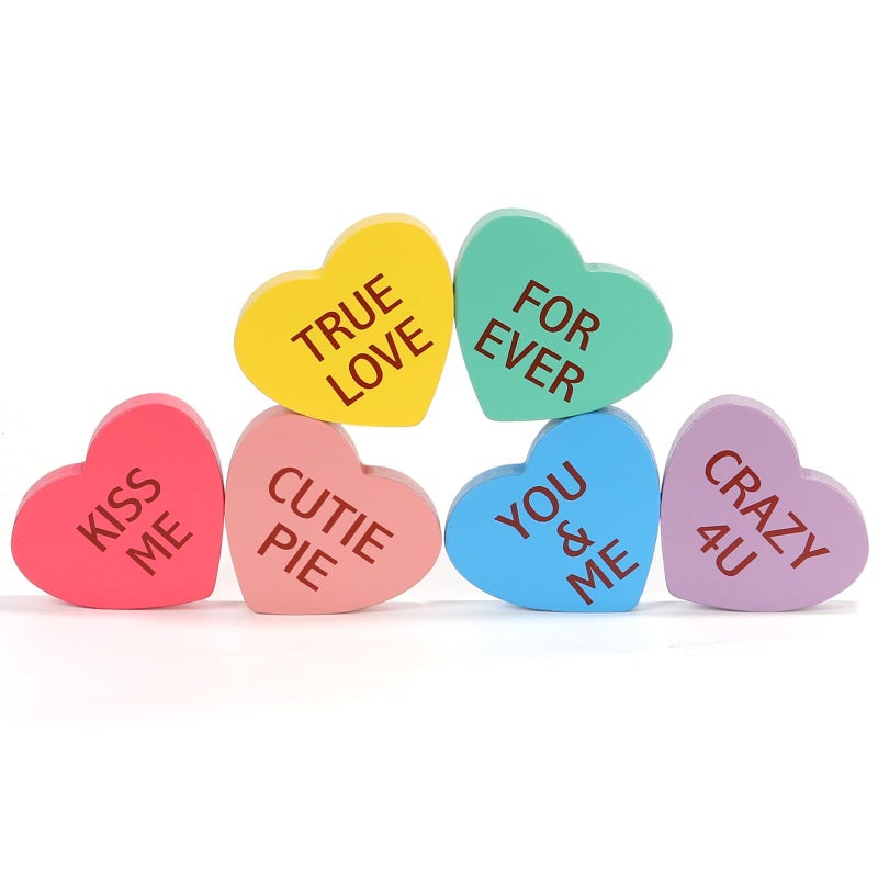 SYNCVIBE Valentines Day Decorations, 6 PCS Double-sided Wooden Valentine's Conversation Hearts for Tiered Tray Shelf Mantel Office Decor Freestanding Tabletop Wood Block Sweet Sayings for Home Decor Wedding - Image 1