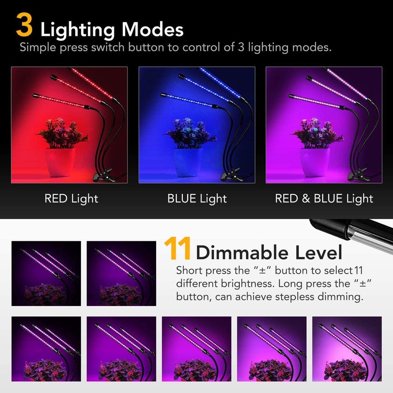 iPower iPower LED Grow Light with Full Spectrum for Indoor Plants Adjustable Gooseneck 23 Light Modes510 Dimmable Levels 3 Auto Timing Modes 3 Tubes RedBlue  - Image 4