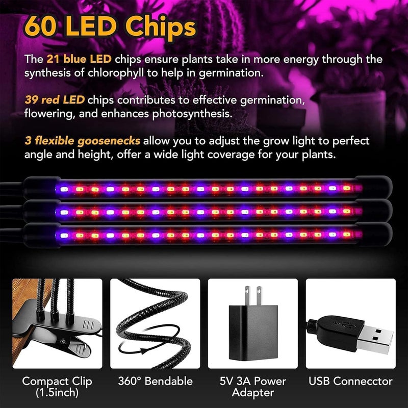 iPower iPower LED Grow Light with Full Spectrum for Indoor Plants Adjustable Gooseneck 23 Light Modes510 Dimmable Levels 3 Auto Timing Modes 3 Tubes RedBlue  - Image 5