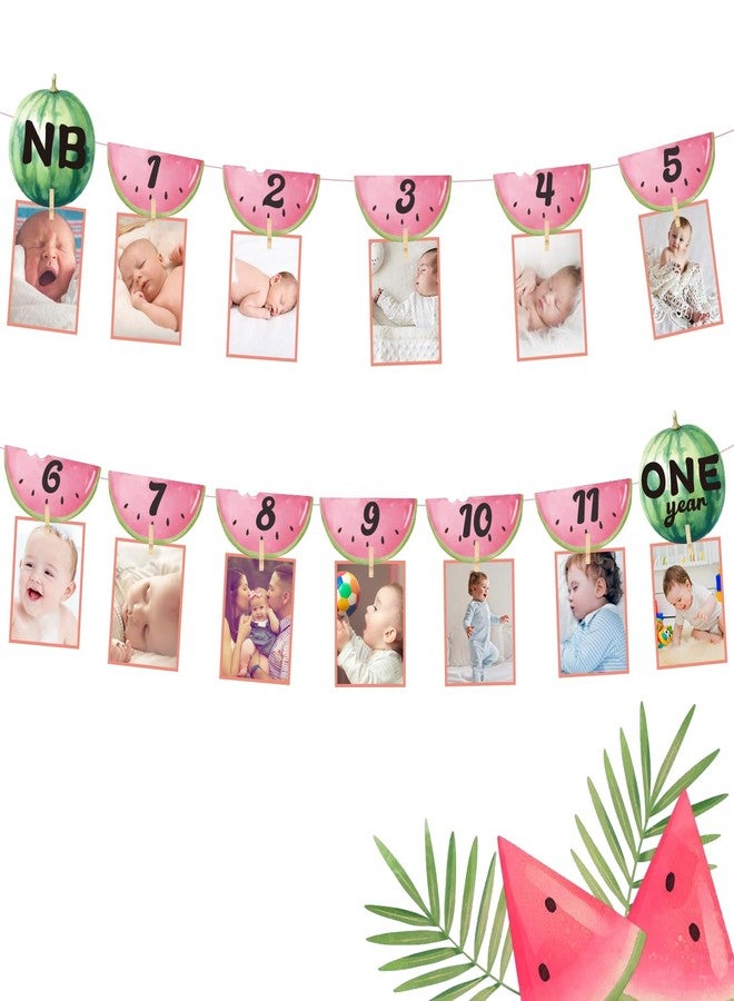 Aukolass Watermelon Photo Banner Summer Fruit Themed Party Decor for Baby Shower，1st Birthday Photo Banner Newborn to 12 Month Milestone Photograph (PINK) - Image 1