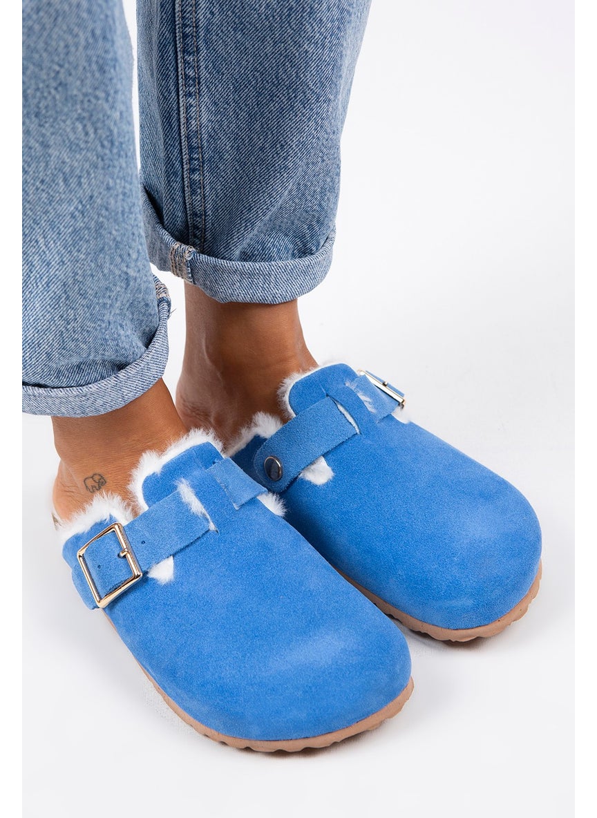 Manijero Manjero Zeta Shearling Women's Leather Buckle Belted Furry Saks Blue Suede Slippers  - Image 1