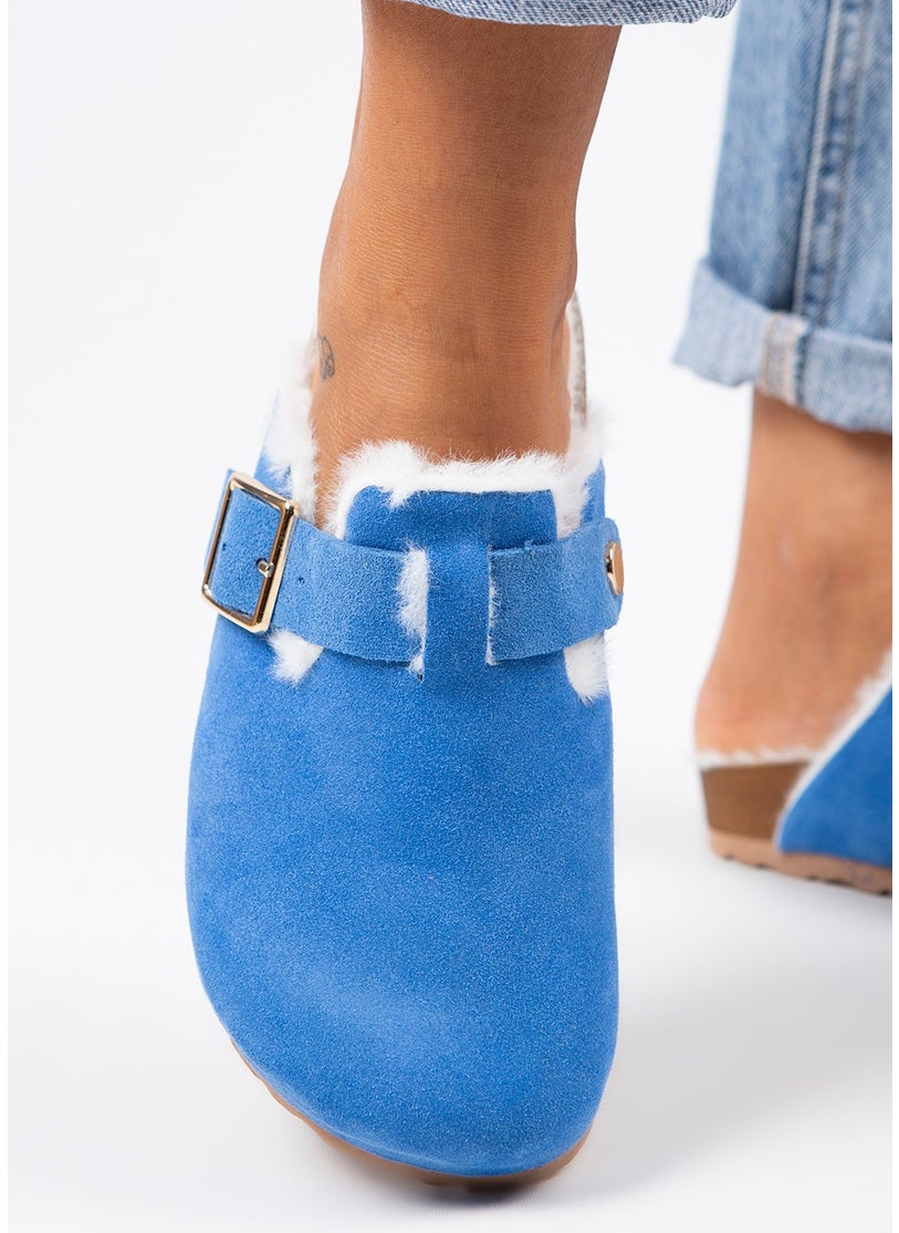 Manijero Manjero Zeta Shearling Women's Leather Buckle Belted Furry Saks Blue Suede Slippers  - Image 4
