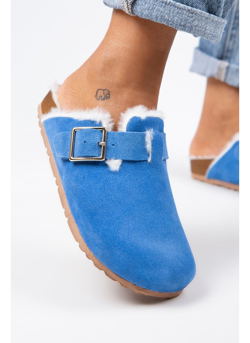 Manijero Manjero Zeta Shearling Women's Leather Buckle Belted Furry Saks Blue Suede Slippers  - Image 3