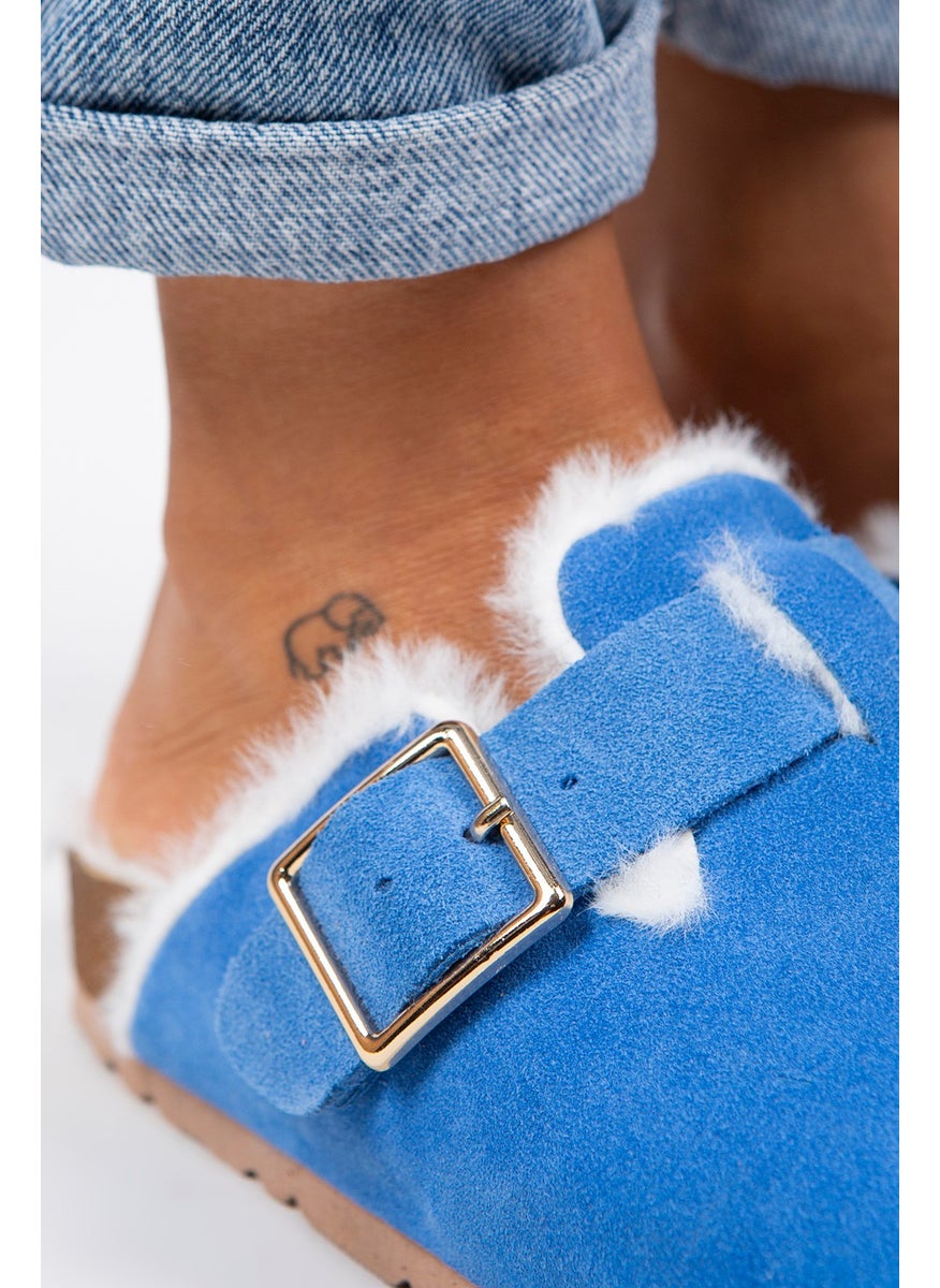 Manijero Manjero Zeta Shearling Women's Leather Buckle Belted Furry Saks Blue Suede Slippers  - Image 2