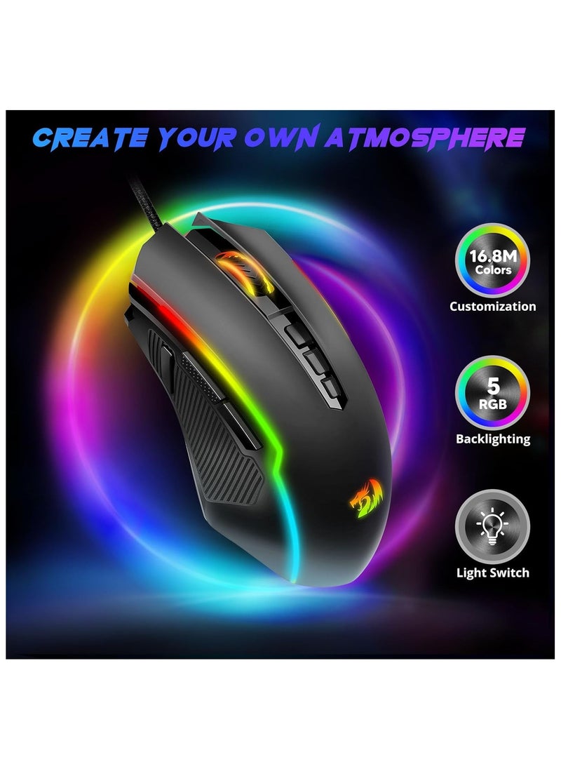 REDRAGON - Redragon Gaming Mouse, RGB Gaming Mouse Wired with 9 Programmable Macro Buttons, Chroma RGB Backlit, 8000 DPI Adjustable, PC Gaming Mice with Fire Button for Windows/Mac, Black, M910-K - Image 1