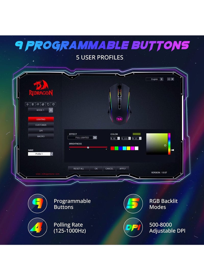 REDRAGON - Redragon Gaming Mouse, RGB Gaming Mouse Wired with 9 Programmable Macro Buttons, Chroma RGB Backlit, 8000 DPI Adjustable, PC Gaming Mice with Fire Button for Windows/Mac, Black, M910-K - Image 1
