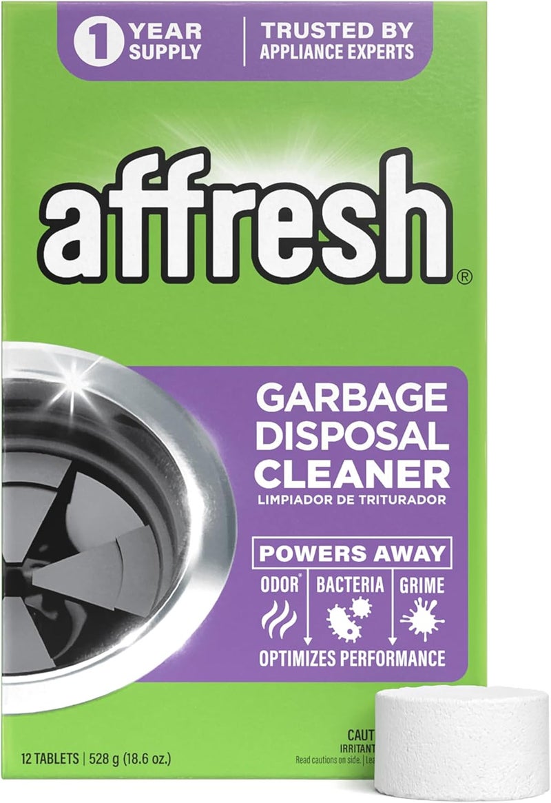 Affresh Garbage Disposal Cleaner, Helps Power Away Odor Causing Bacteria, Debris & Grime in Grind Chamber, Impeller & Drain Pipe, 12 Tablets, 1 Year Supply - Image 1