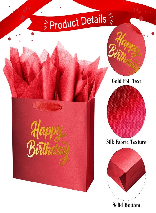Linelglobal Red Birthday Gift Bag with Tissue Paper Solid Color Silky for Women Men Boutique 13" - Image 3