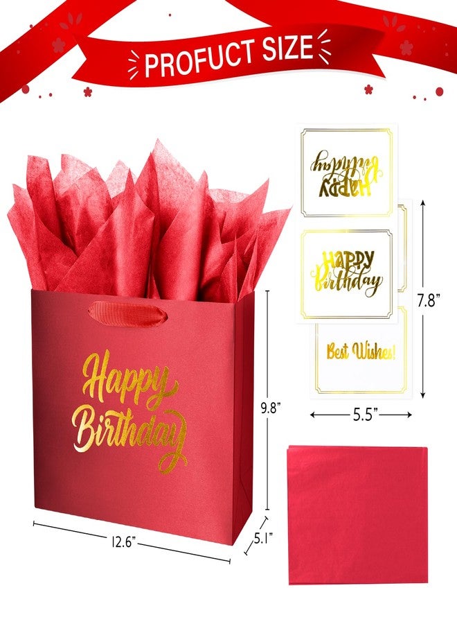Linelglobal Red Birthday Gift Bag with Tissue Paper Solid Color Silky for Women Men Boutique 13" - Image 2