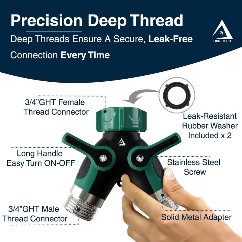 DBR Tech ® Hose Splitter 2 Way, Heavy Duty Metal Connector, Two Way Garden Hose Splitter, High Flow Spigot Faucet Bib Adapter, Solid Double Y Shut Off Valve for Outdoor Gardening Hoses, Green - Image 4