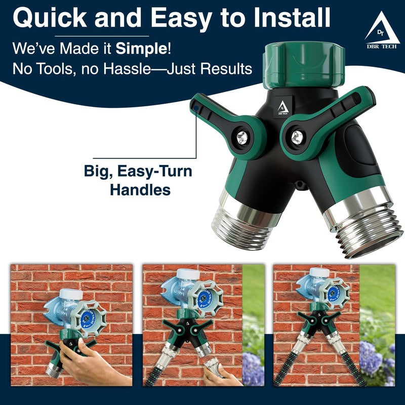 DBR Tech ® Hose Splitter 2 Way, Heavy Duty Metal Connector, Two Way Garden Hose Splitter, High Flow Spigot Faucet Bib Adapter, Solid Double Y Shut Off Valve for Outdoor Gardening Hoses, Green - Image 3