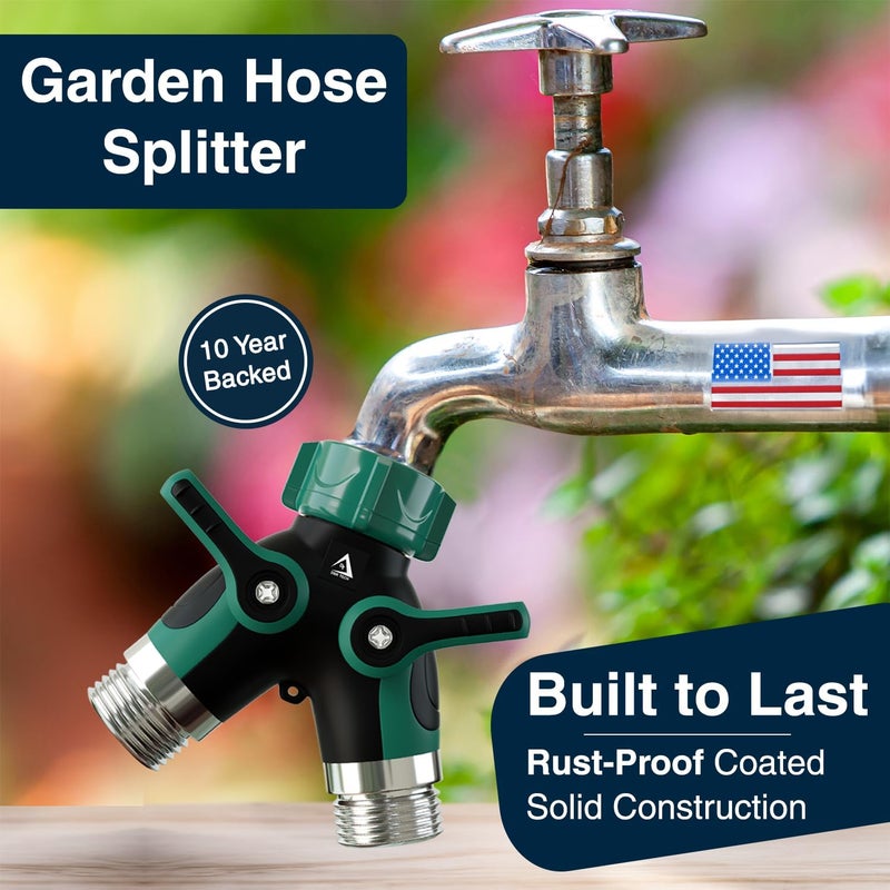 DBR Tech ® Hose Splitter 2 Way, Heavy Duty Metal Connector, Two Way Garden Hose Splitter, High Flow Spigot Faucet Bib Adapter, Solid Double Y Shut Off Valve for Outdoor Gardening Hoses, Green - Image 2