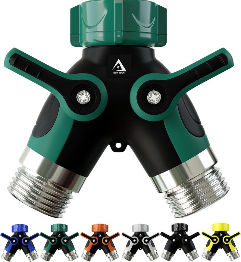 DBR Tech ® Hose Splitter 2 Way, Heavy Duty Metal Connector, Two Way Garden Hose Splitter, High Flow Spigot Faucet Bib Adapter, Solid Double Y Shut Off Valve for Outdoor Gardening Hoses, Green - Image 1