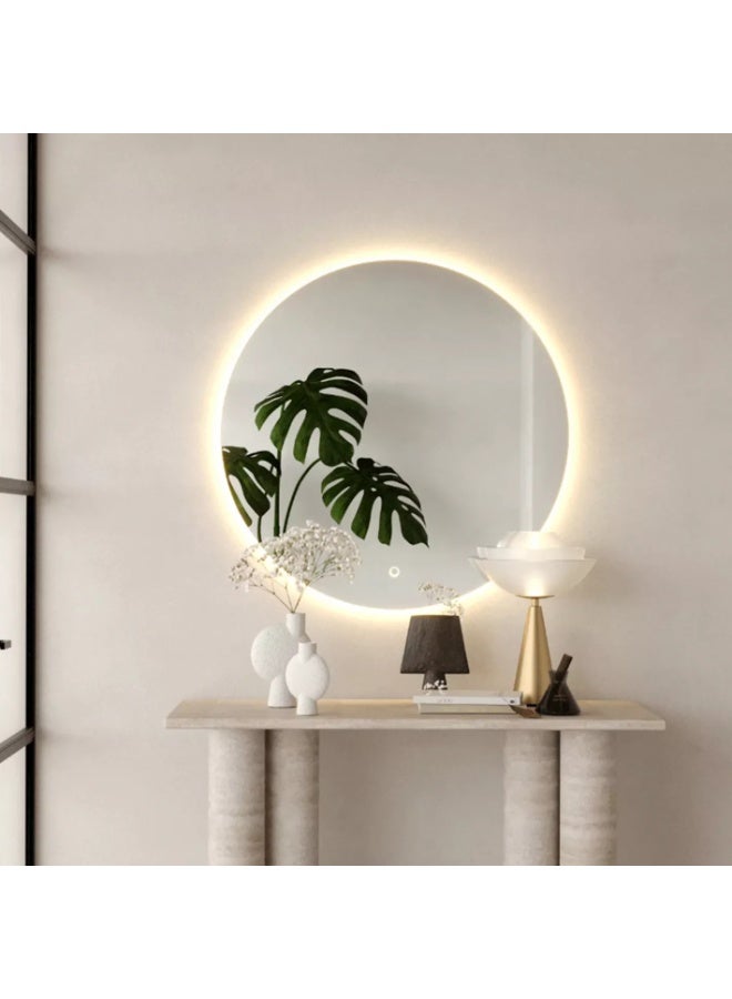 ديكور هيلز مرآة حمام دائرية بإضاءة LED، مقاومة للضباب، مرآة حمام LED مثبتة على الحائط، زجاج مقوى عالي الدقة، مرايا حمام LED مقاومة للماء والضباب - Image 1
