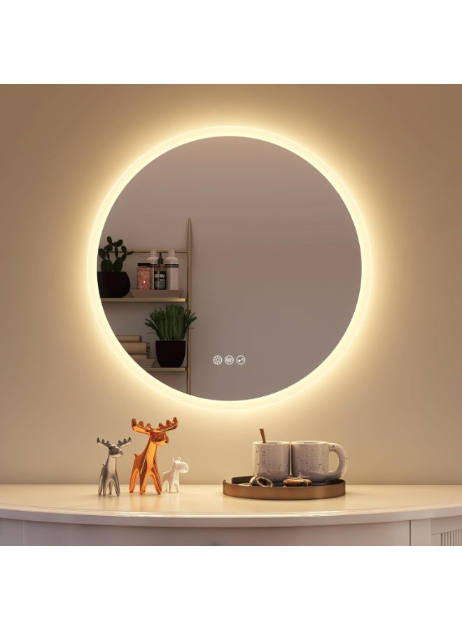 ديكور هيلز مرآة حمام دائرية بإضاءة LED، مقاومة للضباب، مرآة حمام LED مثبتة على الحائط، زجاج مقوى عالي الدقة، مرايا حمام LED مقاومة للماء والضباب - Image 3