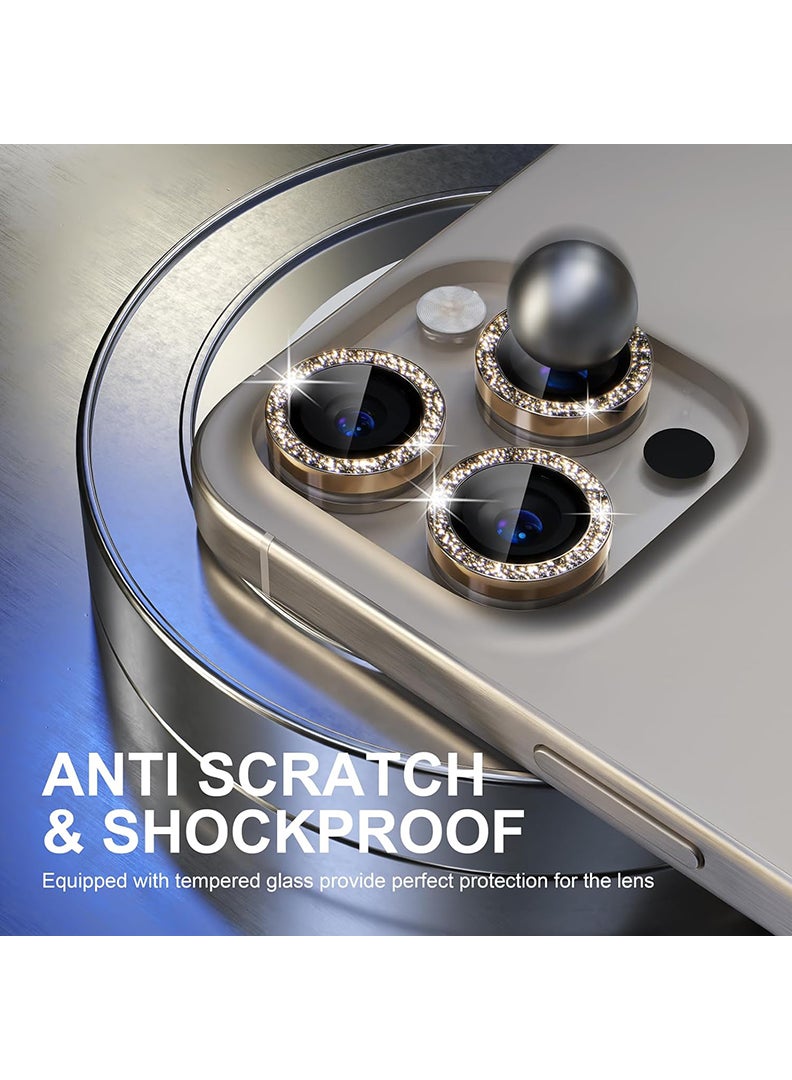 Theodor iPhone 15 Pro Max /15 Pro 3 Pcs Camera Lens Protector With 9H Tempered HD Glass Camera Cover Anti Scratch Aluminum Alloy Camera Ring, Glitter Gold - Image 2