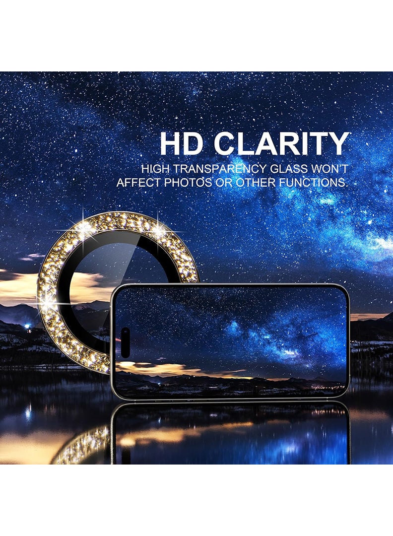 Theodor iPhone 15 Pro Max /15 Pro 3 Pcs Camera Lens Protector With 9H Tempered HD Glass Camera Cover Anti Scratch Aluminum Alloy Camera Ring, Glitter Gold - Image 4