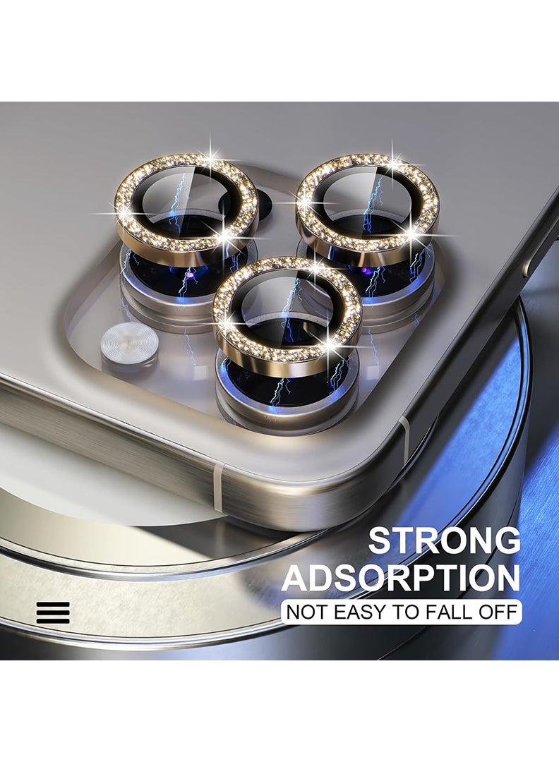 Theodor iPhone 15 Pro Max /15 Pro 3 Pcs Camera Lens Protector With 9H Tempered HD Glass Camera Cover Anti Scratch Aluminum Alloy Camera Ring, Glitter Gold - Image 3