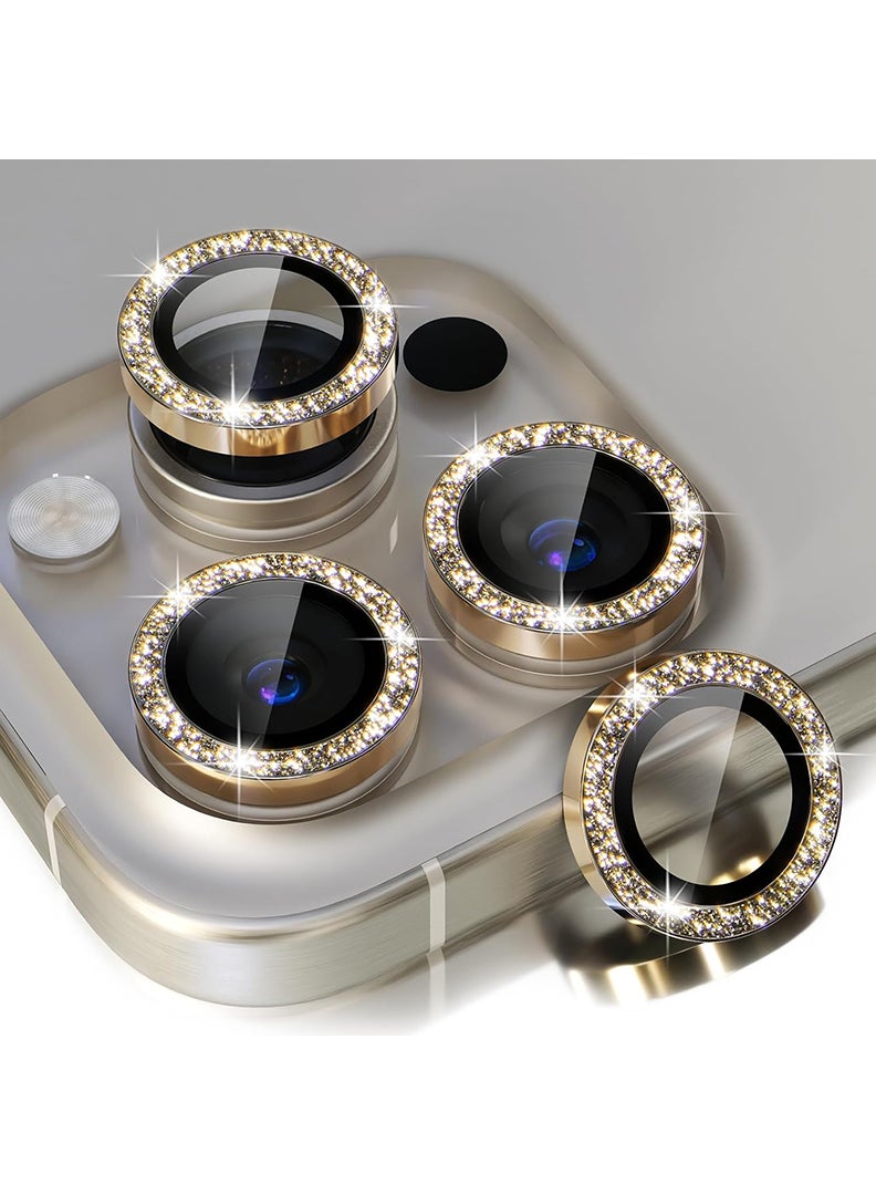 Theodor iPhone 15 Pro Max /15 Pro 3 Pcs Camera Lens Protector With 9H Tempered HD Glass Camera Cover Anti Scratch Aluminum Alloy Camera Ring, Glitter Gold - Image 1