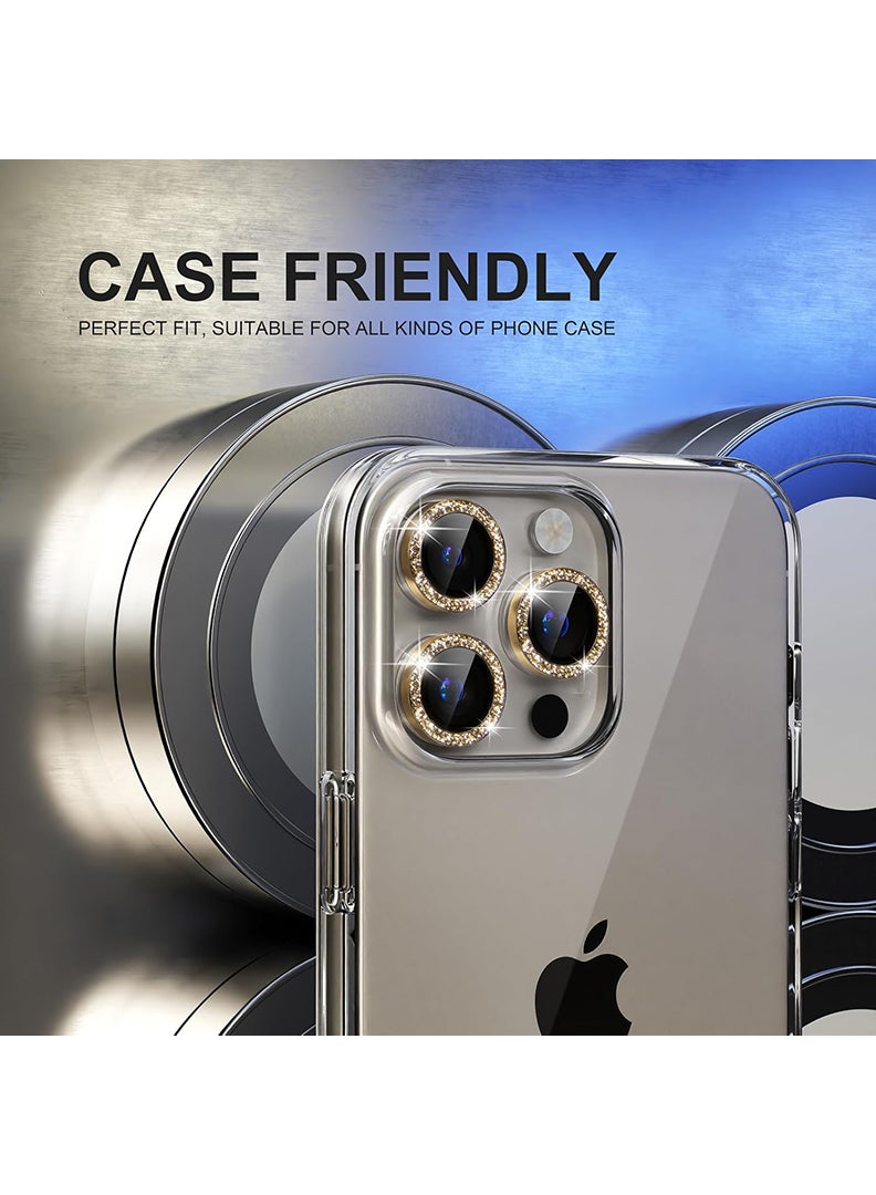 Theodor iPhone 15 Pro Max /15 Pro 3 Pcs Camera Lens Protector With 9H Tempered HD Glass Camera Cover Anti Scratch Aluminum Alloy Camera Ring, Glitter Gold - Image 5