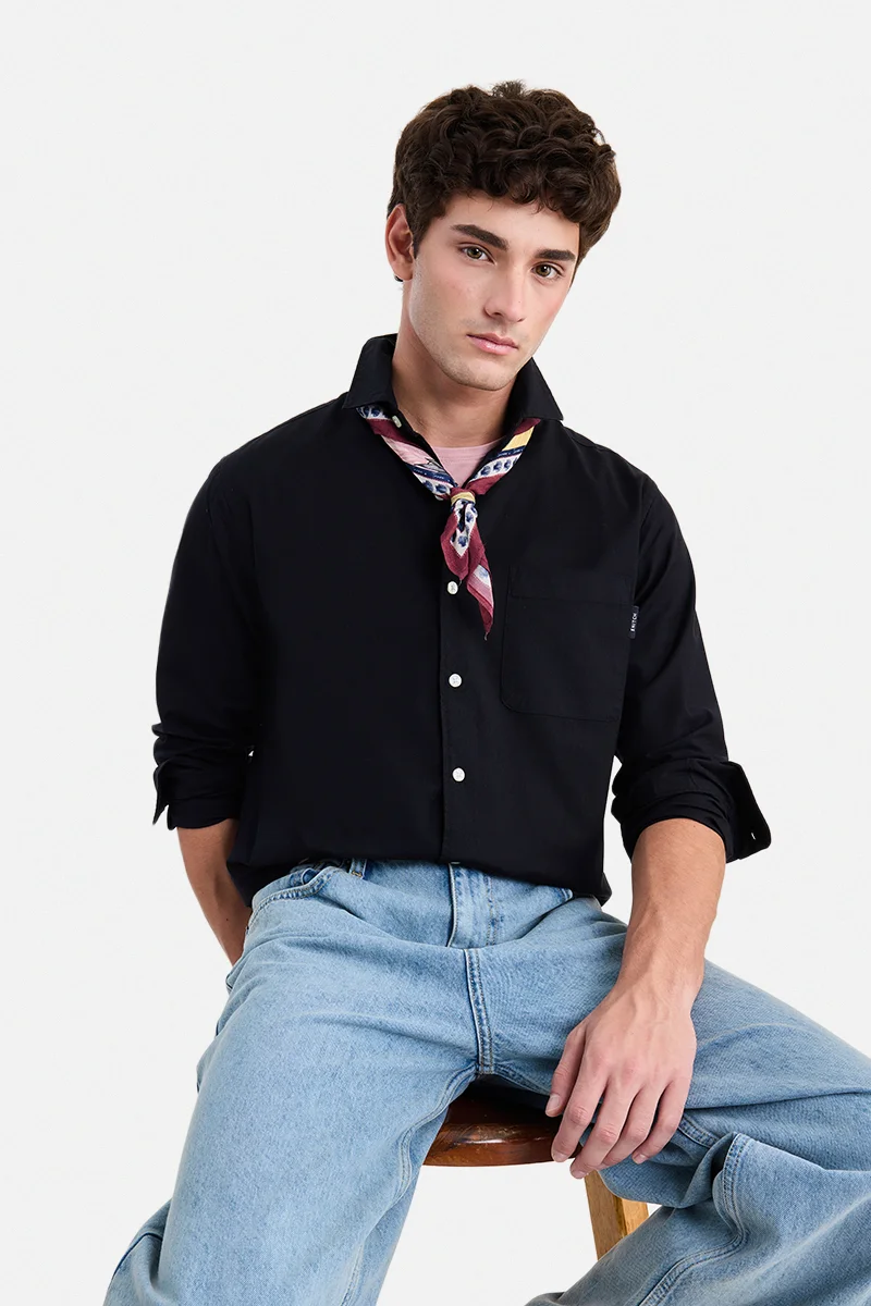 سنيتش Black Solid Long Sleeve Regular Fit Casual Shirt