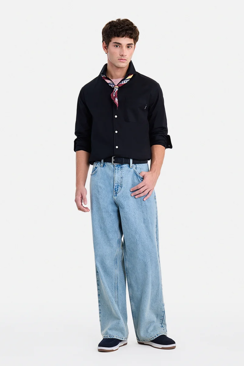 سنيتش Black Solid Long Sleeve Regular Fit Casual Shirt