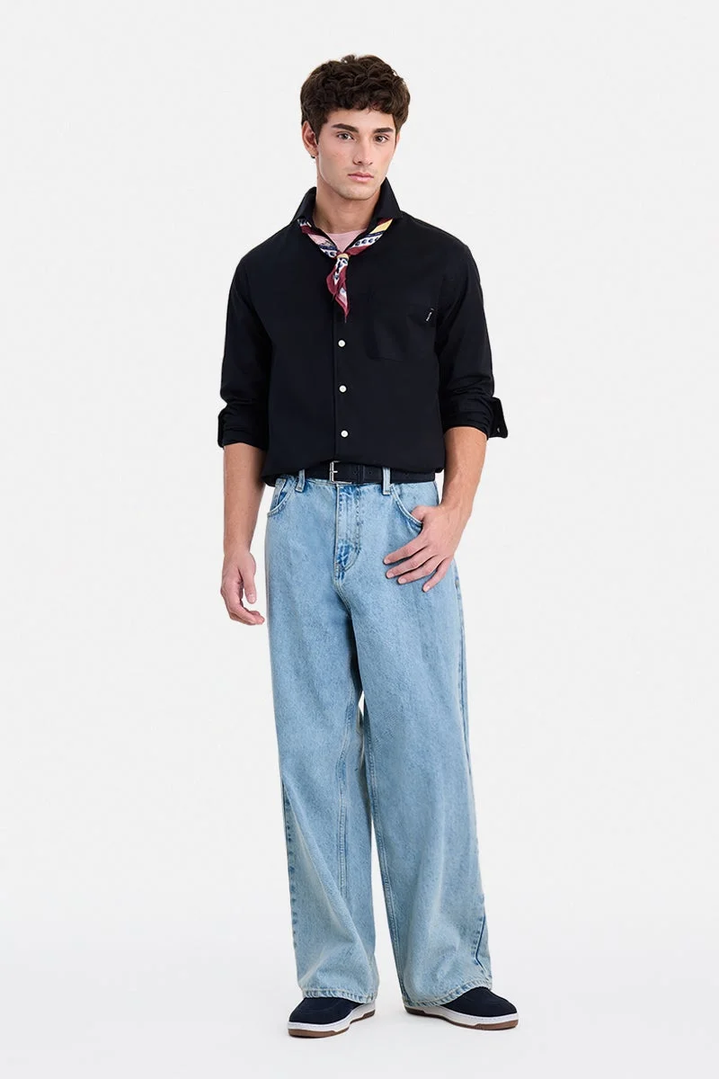 SNITCH Black Solid Long Sleeve Regular Fit Casual Shirt