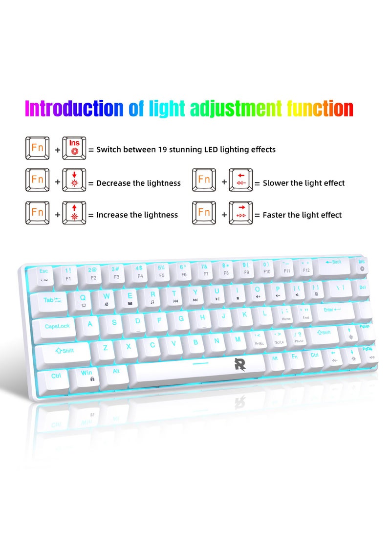 Rock Pow - ROCK POW 60% Wired Mechanical Gaming Keyboard, 68keys Ice Blue Backlit Ultra-Compact Mini Keyboard, Mini Compact Keyboard for PC/Mac Gamer, Typist, Easy Carry on Trip Red Switch White - Image 1