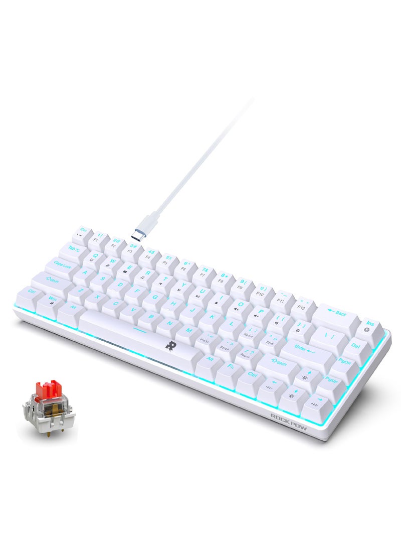 Rock Pow - ROCK POW 60% Wired Mechanical Gaming Keyboard, 68keys Ice Blue Backlit Ultra-Compact Mini Keyboard, Mini Compact Keyboard for PC/Mac Gamer, Typist, Easy Carry on Trip Red Switch White - Image 1