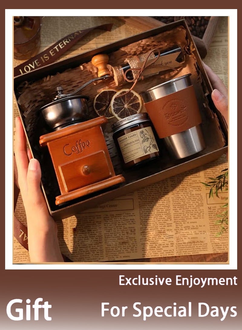 ARNOTEC Solid Wood Hand Crank Coffee Grinder Gift Set with Stainless Steel Leather Coffee Cup, Aromatherapy Candle, Coffee Beans Jar – Perfect Birthday, Anniversary, and Holiday Gift for Coffee Lovers  - Image 1
