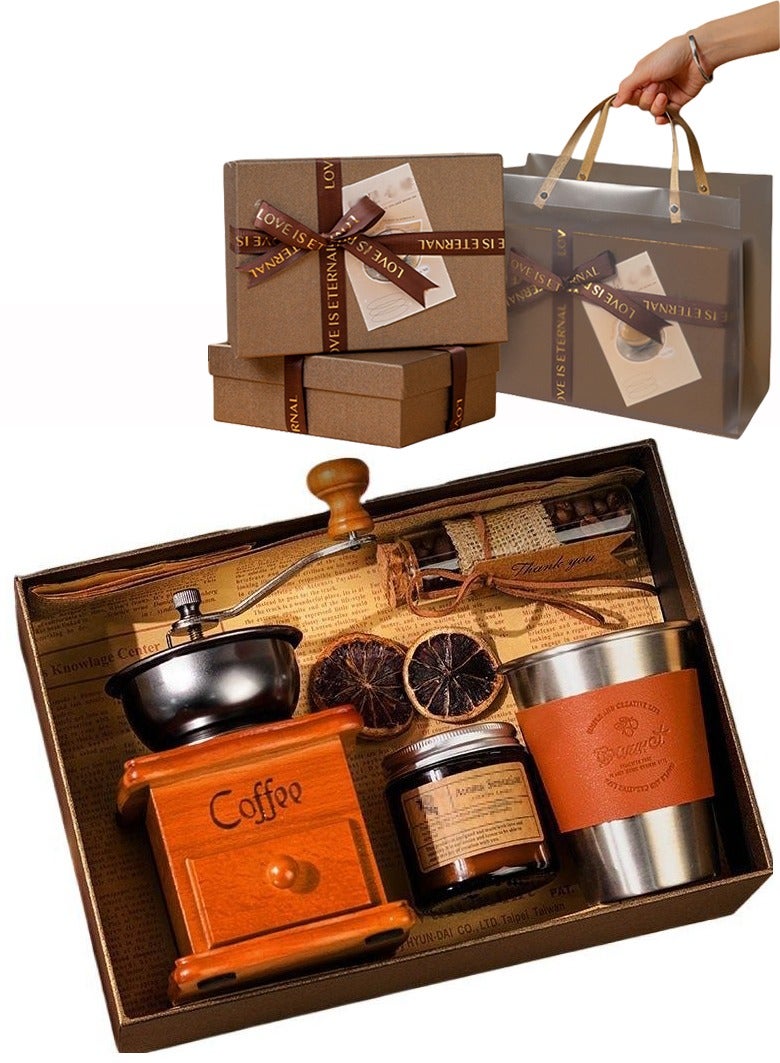 ARNOTEC Solid Wood Hand Crank Coffee Grinder Gift Set with Stainless Steel Leather Coffee Cup, Aromatherapy Candle, Coffee Beans Jar – Perfect Birthday, Anniversary, and Holiday Gift for Coffee Lovers  - Image 3