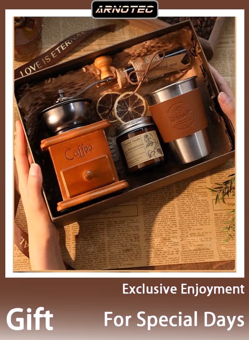 ARNOTEC Solid Wood Hand Crank Coffee Grinder Gift Set with Stainless Steel Leather Coffee Cup, Aromatherapy Candle, Coffee Beans Jar – Perfect Birthday, Anniversary, and Holiday Gift for Coffee Lovers - Image 1