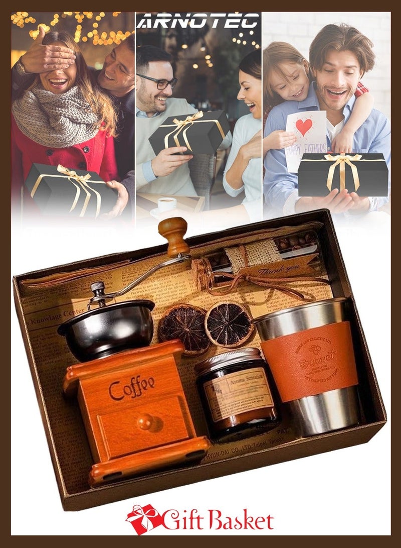 ARNOTEC Solid Wood Hand Crank Coffee Grinder Gift Set – Manual Coffee Grinder with Stainless Steel Leather Coffee Cup, Aromatherapy Candle & Coffee Bean Jar, Perfect for Birthday, Christmas, Valentine’s Day, Father’s Day, Anniversary & Holiday Gifts for Coffee Lovers - Image 3