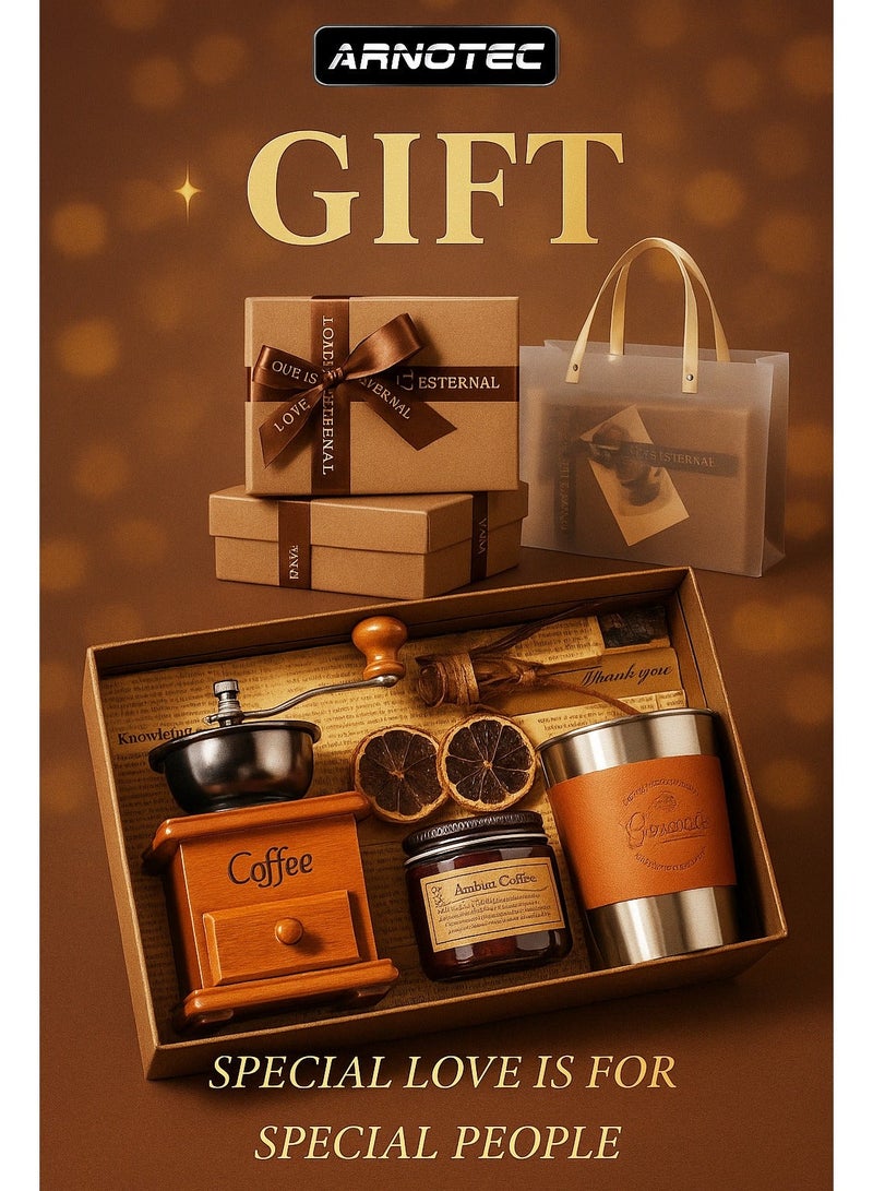 ARNOTEC Solid Wood Hand Crank Coffee Grinder Gift Set – Manual Coffee Grinder with Stainless Steel Leather Coffee Cup, Aromatherapy Candle & Coffee Bean Jar, Perfect for Birthday, Christmas, Valentine’s Day, Father’s Day, Anniversary & Holiday Gifts for Coffee Lovers - Image 1