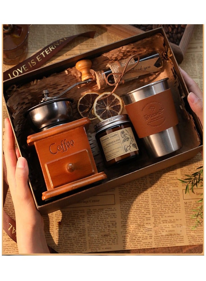 ARNOTEC Solid Wood Hand Crank Coffee Grinder Gift Set with Stainless Steel Leather Coffee Cup, Aromatherapy Candle, Coffee Beans Jar – Perfect Birthday, Anniversary, and Holiday Gift for Coffee Lovers  - Image 3