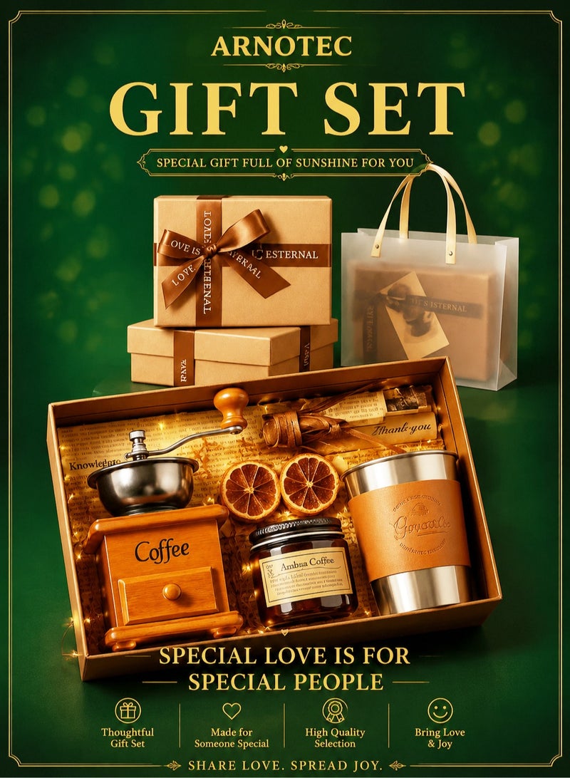 ARNOTEC Solid Wood Hand Crank Coffee Grinder Gift Set – Manual Coffee Grinder with Stainless Steel Leather Coffee Cup, Aromatherapy Candle & Coffee Bean Jar, Perfect for Birthday, Christmas, Valentine’s Day, Father’s Day, Anniversary & Holiday Gifts for Coffee Lovers - Image 1