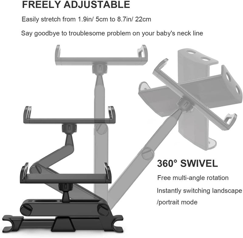 Timewall Car Headrest Tablet Mount, Backseat Seat Universal Cell Phone Holder 360 Swivel Rotating Angle Adjustable Stretchable for iPad iPhone, Samsung, Switch, 5-11" Tablet Phone Black - Image 3