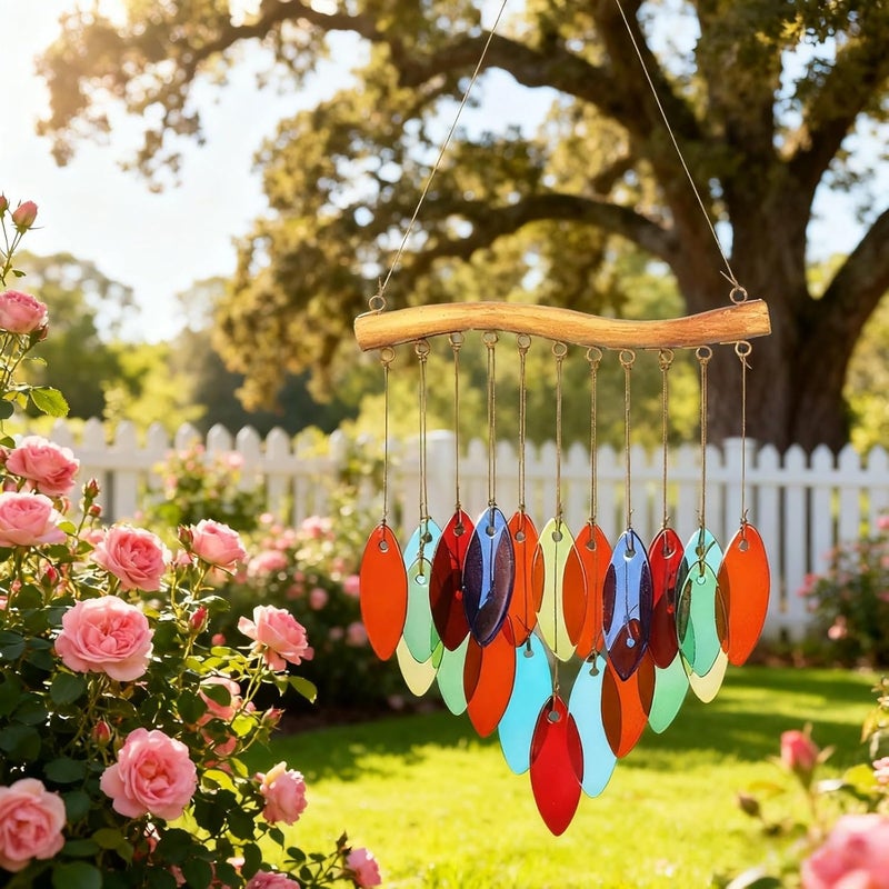 22 in Glass Leaves Wind Chimes, Handmade Stained Glass with Gentle Tones, Colorful Outdoor Decor for Garden, Yard, Patio, Balcony, Window, Home - Image 3