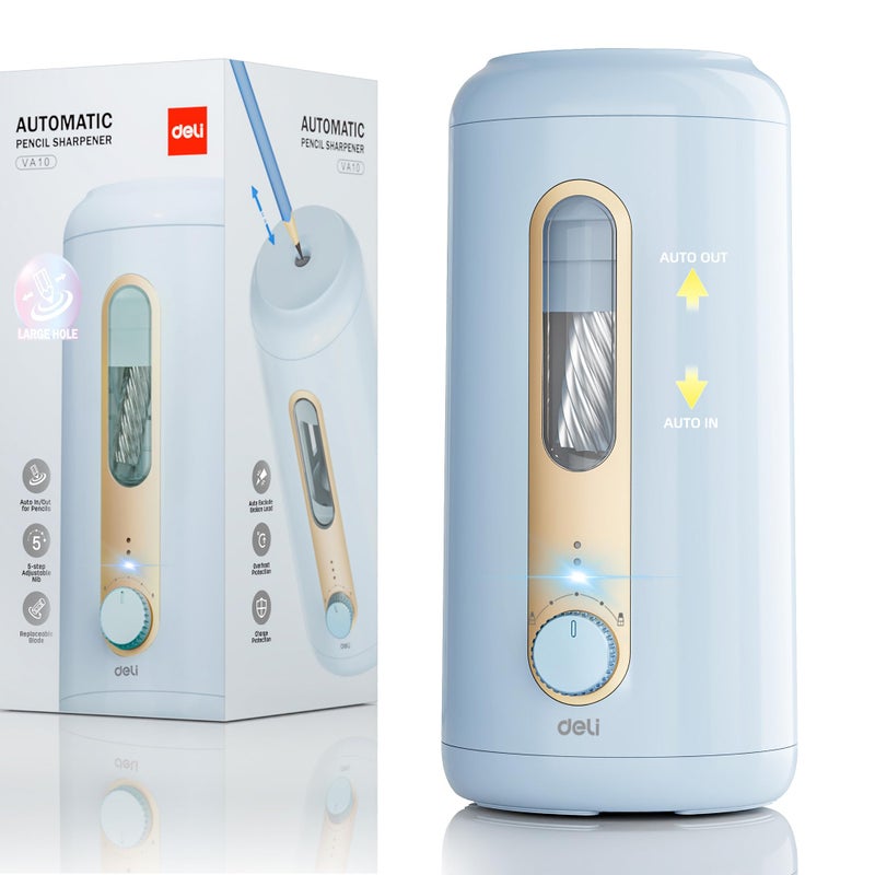 deli Electric Pencil Sharpener, Fully Automatic Pencil Sharpener, Auto in & Out, Rechargeable Hands-Free Pencil Sharpeners for 6.9-12mm, Home, Classroom, Battery Operated, Blue - Image 1