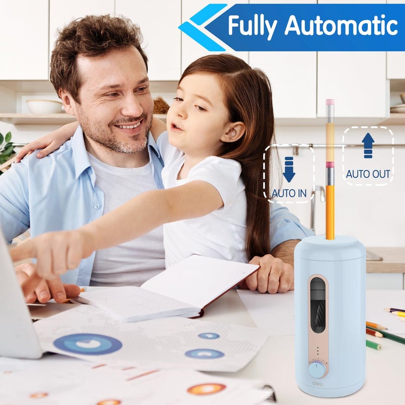 deli Electric Pencil Sharpener, Fully Automatic Pencil Sharpener, Auto in & Out, Rechargeable Hands-Free Pencil Sharpeners for 6.9-12mm, Home, Classroom, Battery Operated, Blue - Image 2