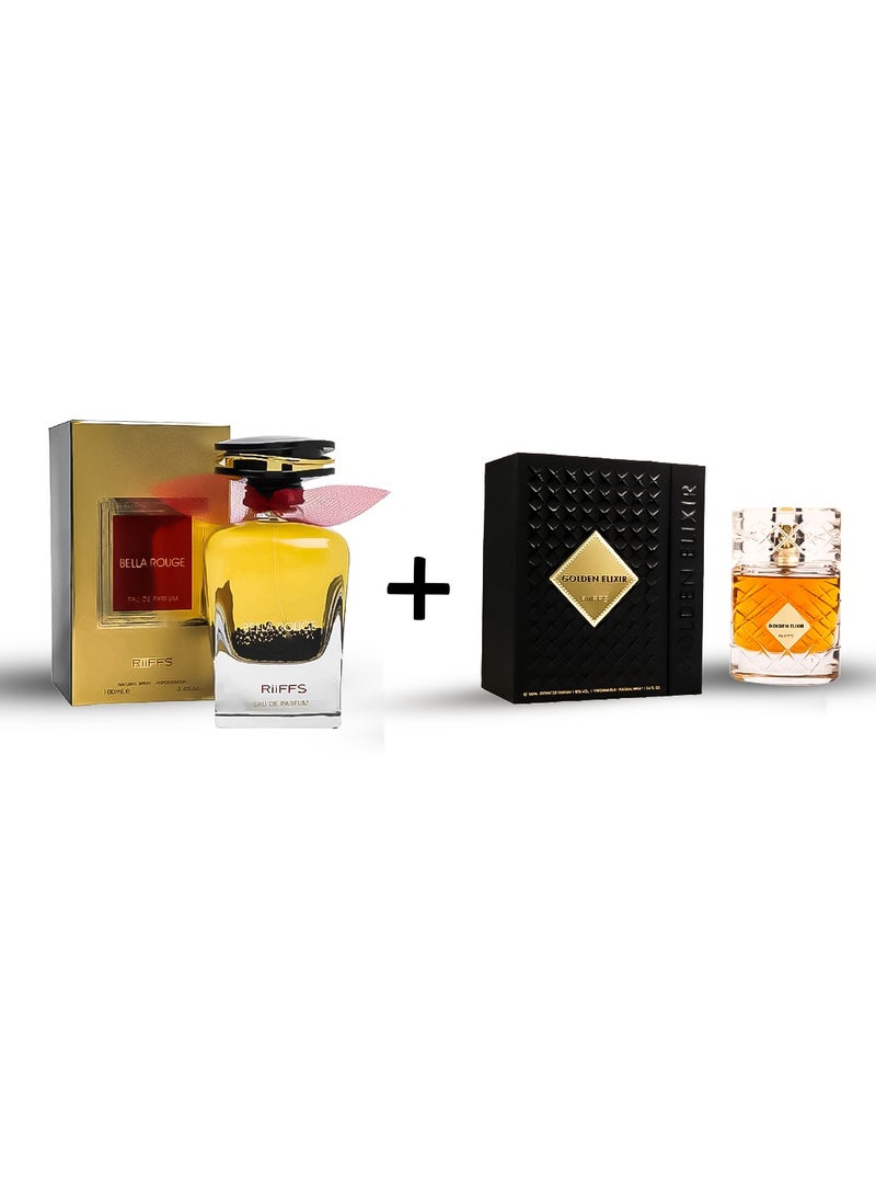 RIIFFS PERFUMES RIIFFS SPRAY BELLA ROUGE EAU DE PARFUM FOR WOMEN  100ML + RIIFFS SPRAY GOLDEN ELIXIR EXTRAIT DE PARFUM FOR MEN 100ml 