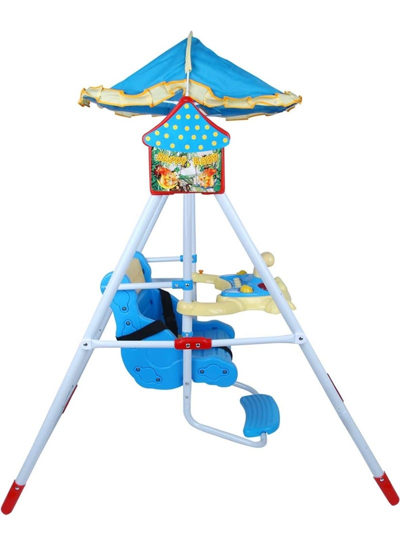 أرجوحة أطفال باضاءة وموسيقى للحديقة والمنزل – هيكل معدني متين وحزام أمان – باللون الأزرق - Image 3