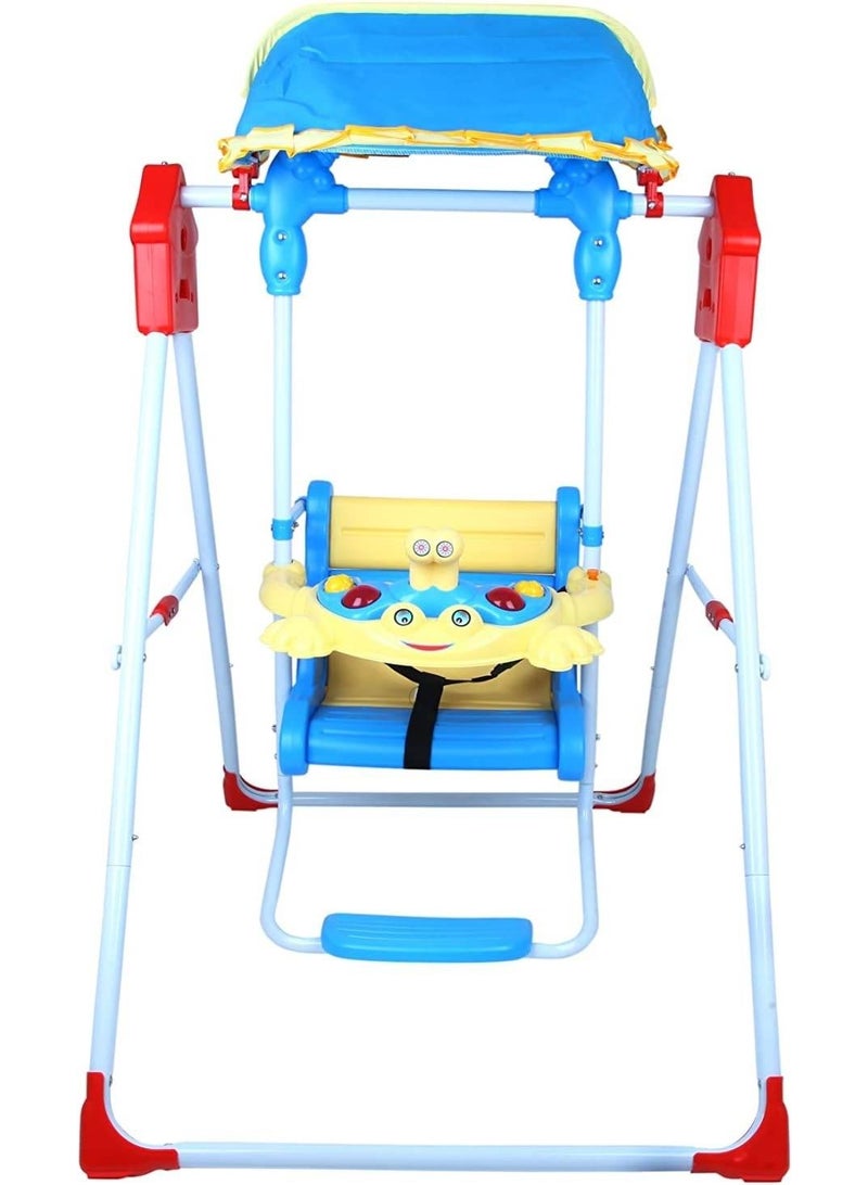أرجوحة أطفال باضاءة وموسيقى للحديقة والمنزل – هيكل معدني متين وحزام أمان – باللون الأزرق - Image 1
