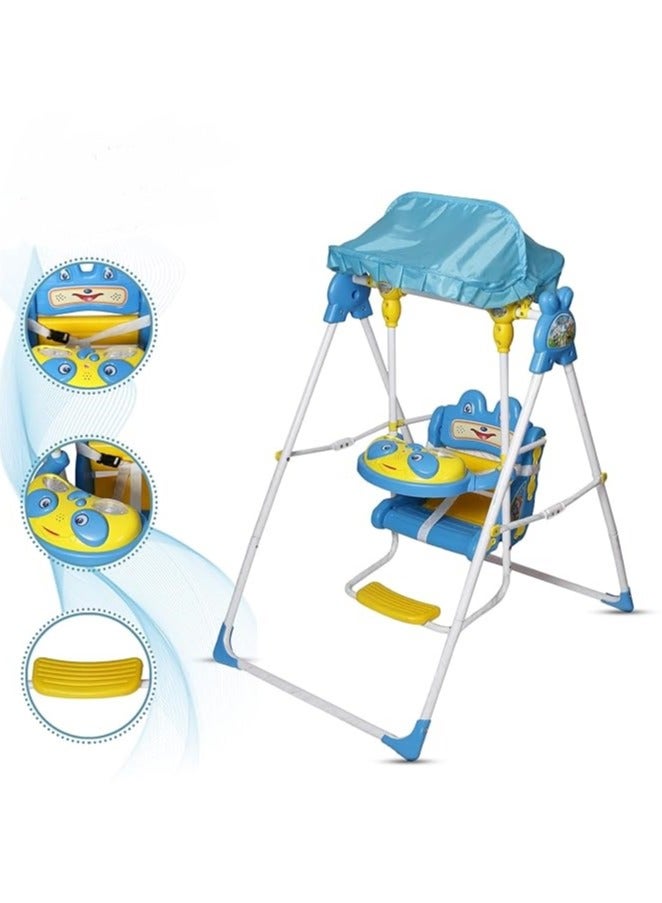 أرجوحة أطفال باضاءة وموسيقى للحديقة والمنزل – هيكل معدني متين وحزام أمان – باللون الأزرق - Image 2