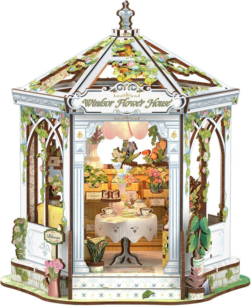 CUTEBEE DIY Miniature House Kit - 3D Wooden Puzzle Flower House Florist Book Nook Kit Model Building Set, Bookshelf Room Decor, DIY Craft Gifts for Adults Teens 14+ (Windsor Flower House) - Image 1